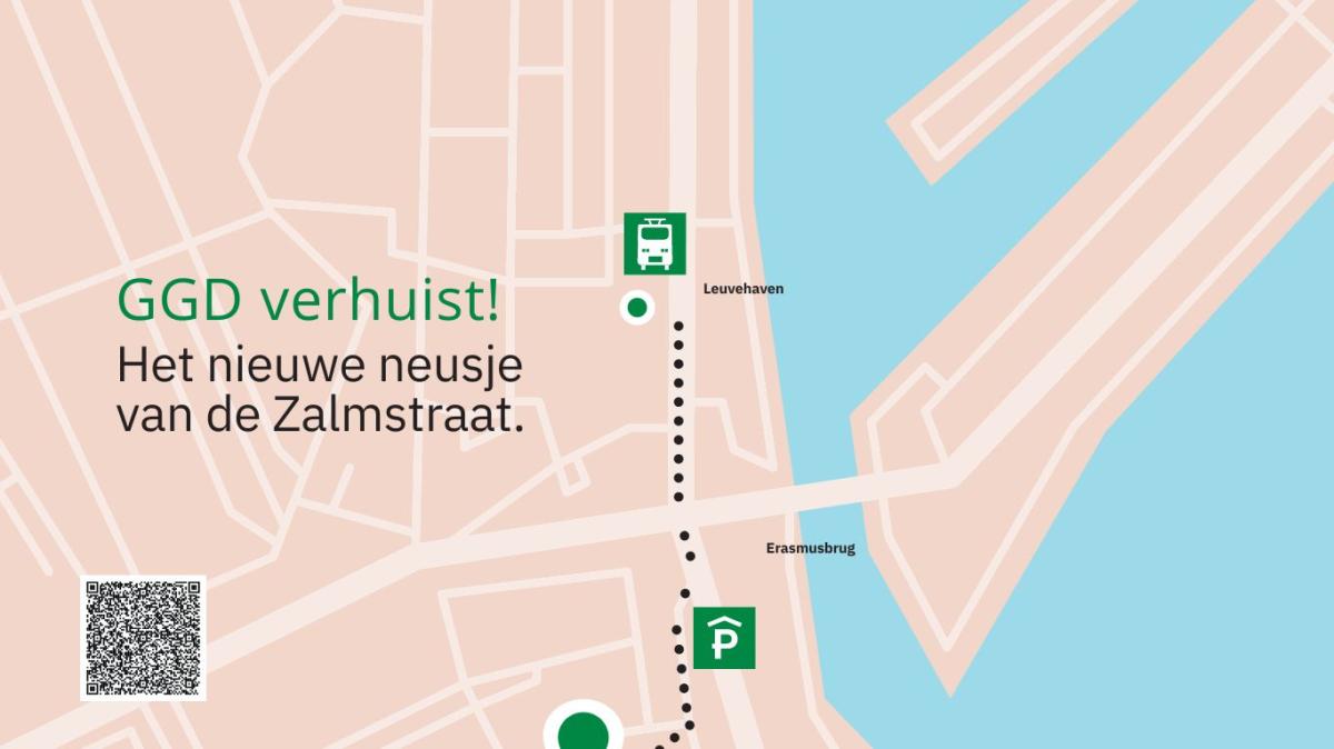 Campagnebeeld van nieuwe locatie, plattegrond van Rotterdam Leuvehaven met stippellijn naar de Zalmstraat