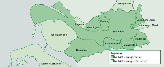 Kaart met regiogemeenten in donkergroen die zijn aangesloten bij het programma NNZ.